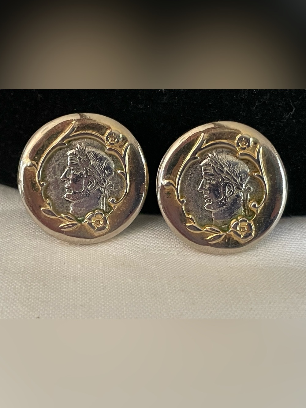Vintage Heavy Gold tone and Silver Faux Roman Coin Clip On Earrings